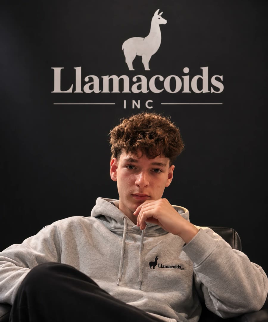 Jacob Reid in a grey Llamacoids hoodie, sitting in front of the Llamacoids Inc sign