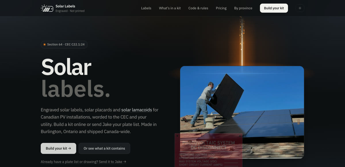 The solarlabels.ca home page with a photo of a solar install