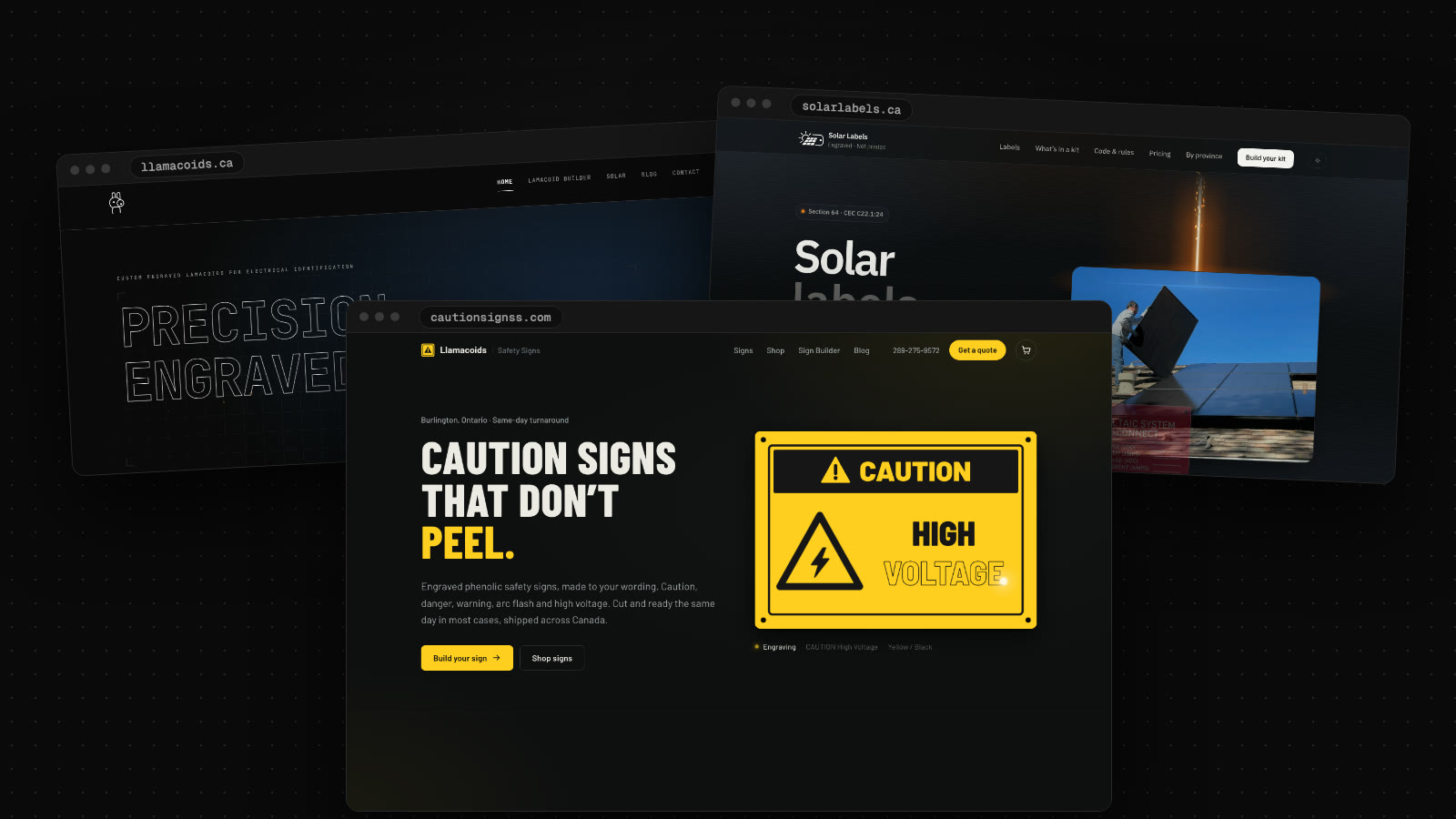 Screenshots of cautionsignss.com, solarlabels.ca and llamacoids.ca