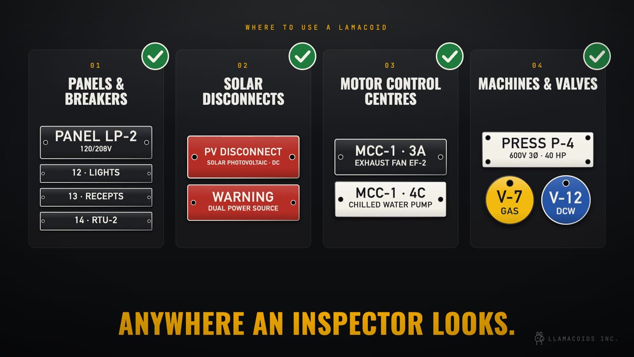 Examples of lamacoids for panels and breakers, solar disconnects, motor control centres, and machines and valves